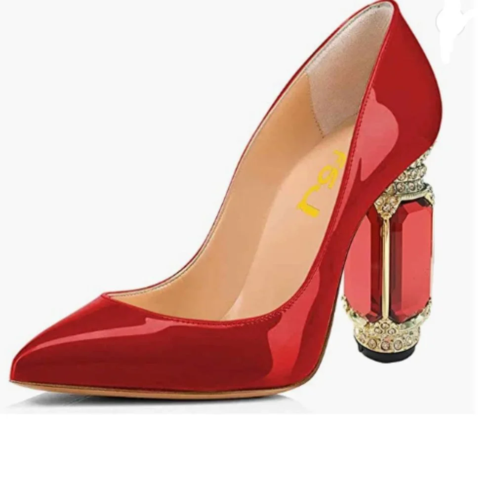 FSJ Red Bridal Pointed Toe Chunky Block Low Heel Crystal Pump - Picture 1 of 9